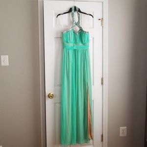 Emerald Halter Mesh Evening Gown
